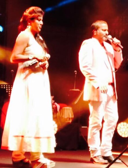 Swagatha S. Krishnan during a live music concert with Tamil singer S. P. Balasubrahmanyam