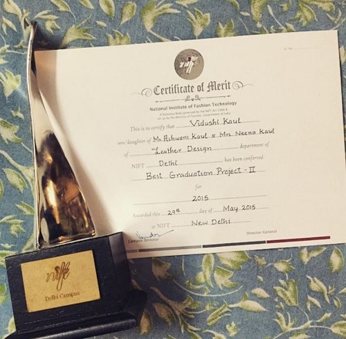 Vidushi Kaul's certificate of NIFT