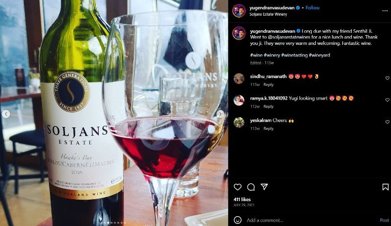 Yugendran's Instagram post about wine