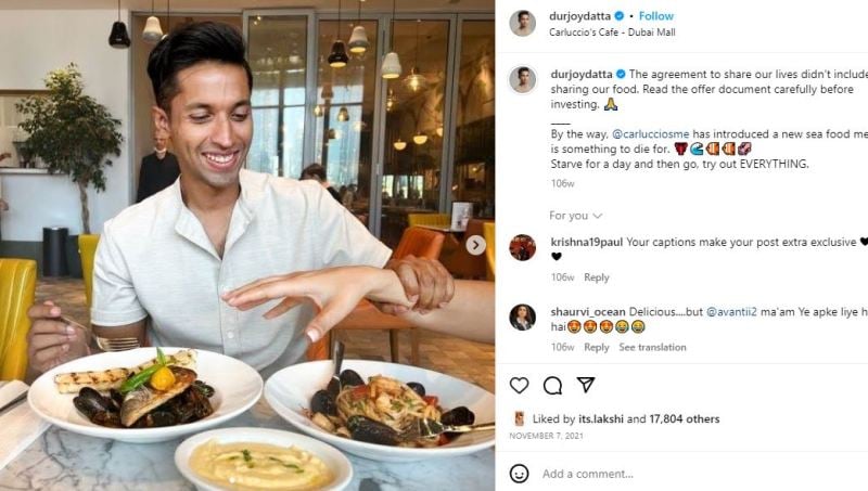Durjoy Datta's Instagram Post about enjoying Sea food