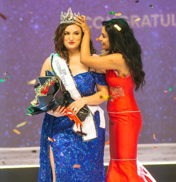 Jane Dipika Garrett being crowned Miss Universe Nepal 2023