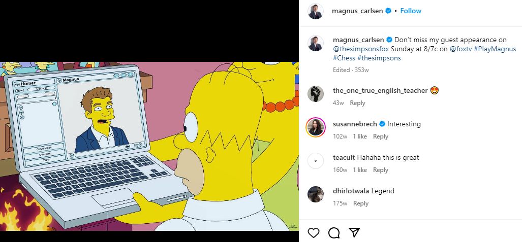 Magnus Carlsen's Instagram post, announcing his appearance in The Simpsons
