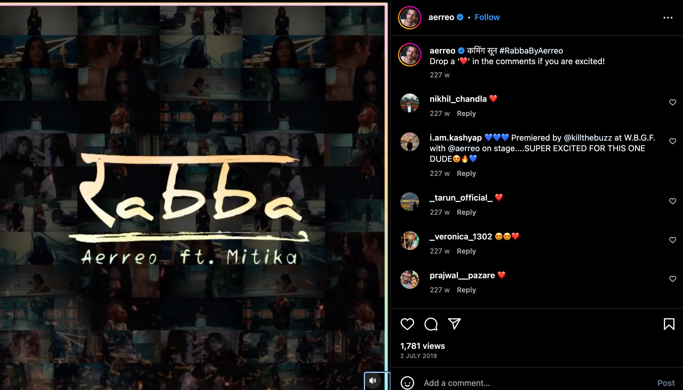 Nikhil Mehta's Instagram post about his song 'Rabba' (2019)
