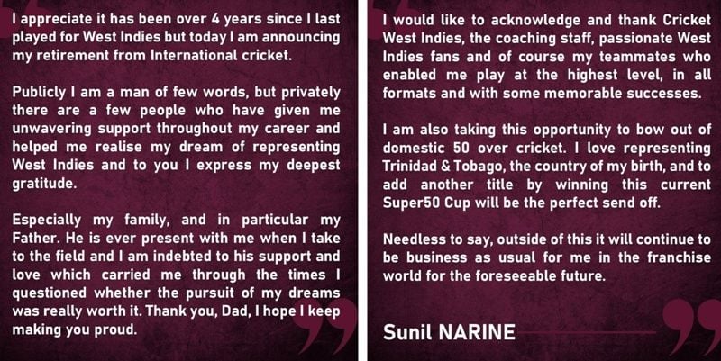 Sunil Narine's post on Instagram about his retirement from international cricket