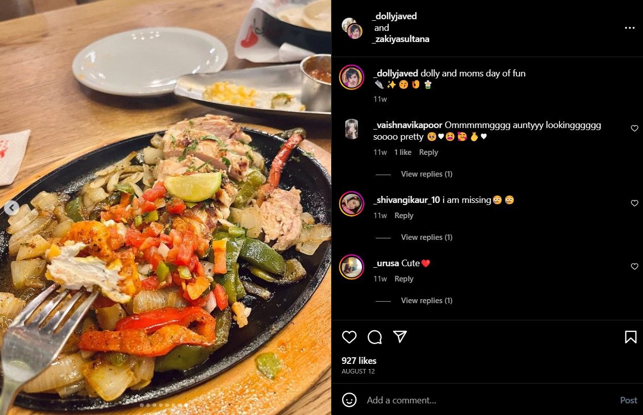 Dolly Javed's Instagram post about her non-vegetarian meal