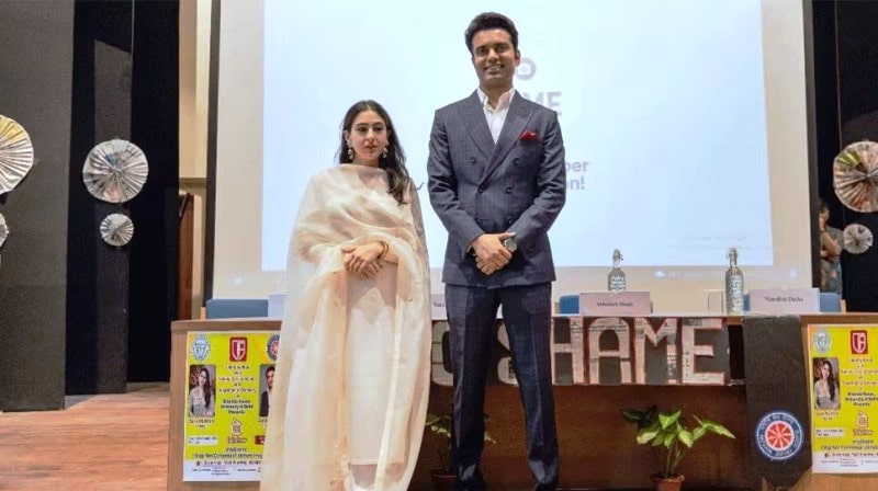 Abhishek Singh with Sara Ali Khan during an event organised under the No Shame Movement