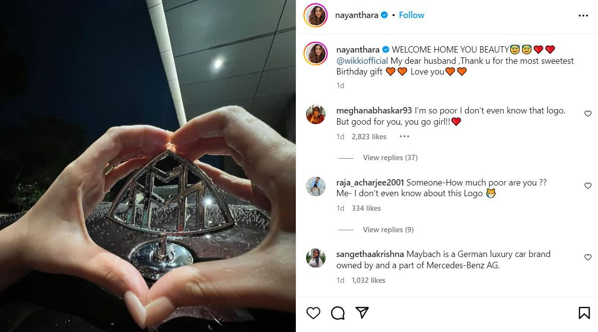 Nayanthara's Instagram post about receiving a Mercedes-Benz Maybach as a birthday gift from Vignesh Sivan