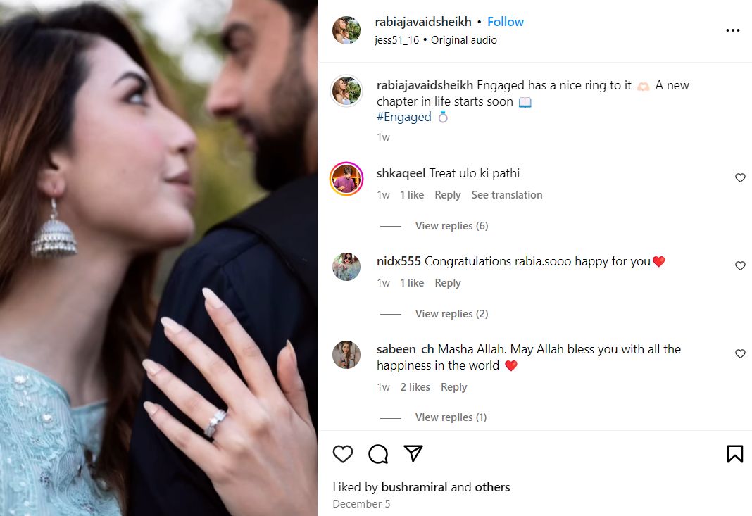 Rabia Javaid Sheikh's social media post about her engagement