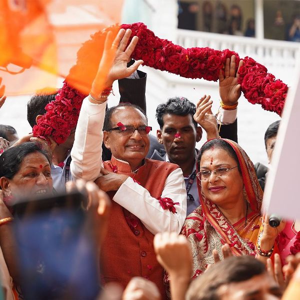 Shivraj Singh Chouhan while celebrating his win in the 2023 Madhya Pradesh Legislative Assembly elections