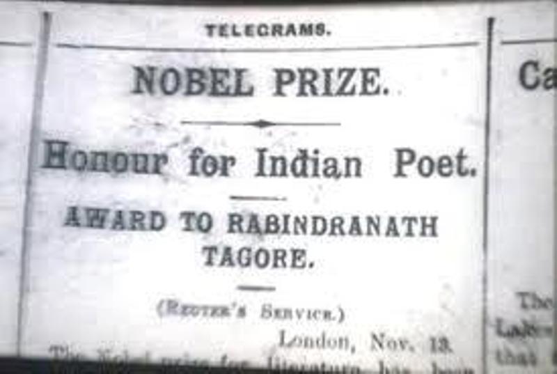 A newspaper cutting about Rabindranath Tagore winning the Nobel Prize in Literature in 1913