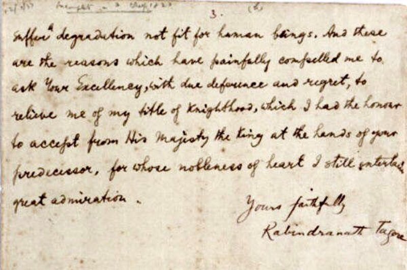 Rabindranath Tagore wrote a letter to Lord Chelmsford to return his Knighthood conferred on him by British Government