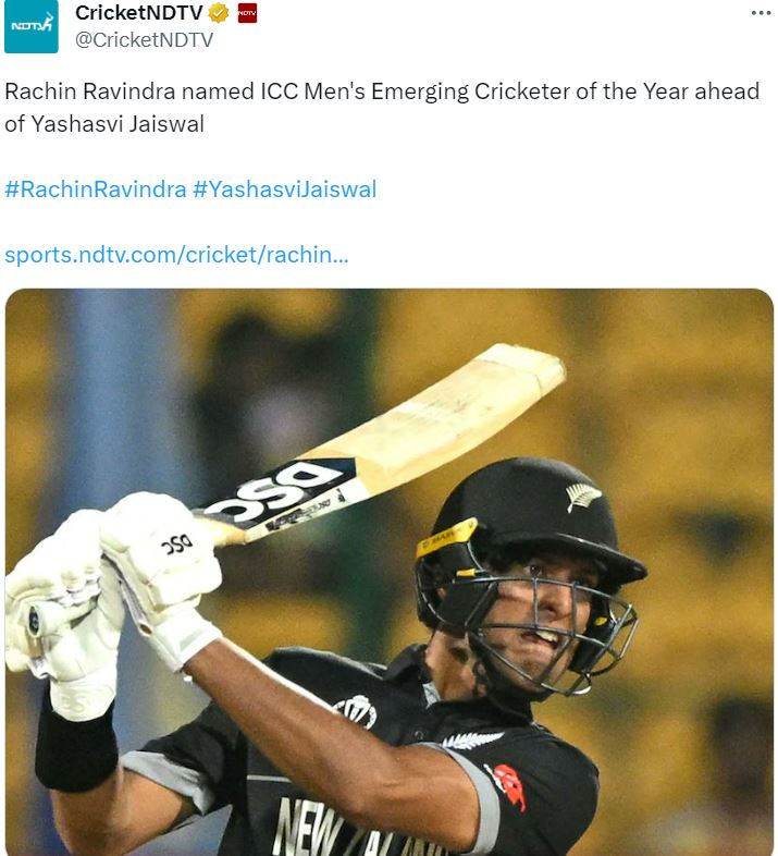 Rachin Ravindra was named ICC Men's Emerging Cricketer of the Year 2023