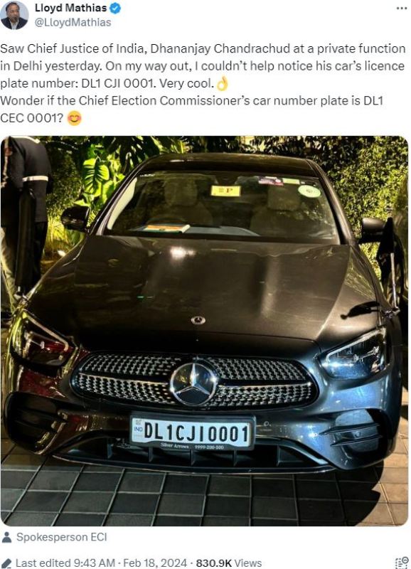 A tweet about DY Chandrachud's car