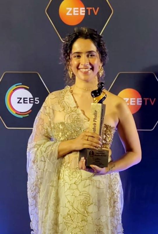 Sanya Malhotra after winning the 2024 Dadasaheb Phalke International Film Festival Award for Best Actress in a Comic Role