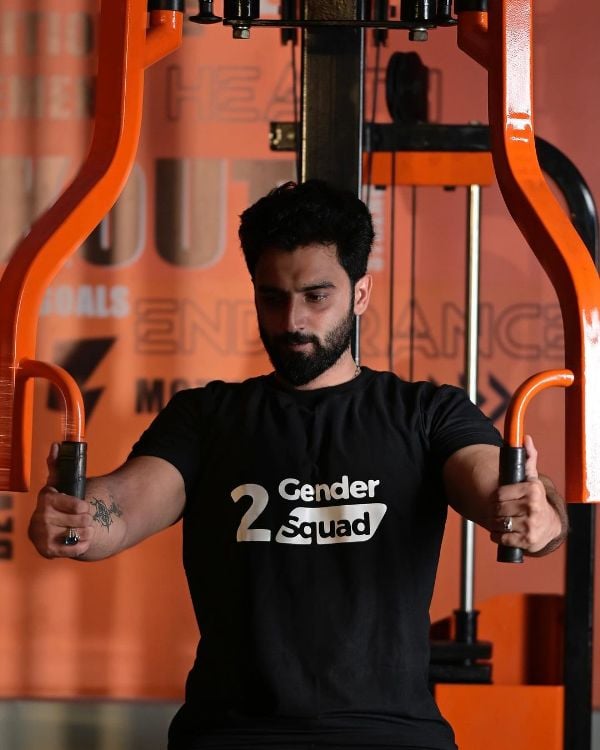 Abhishek Sreekumar while working out at a gym