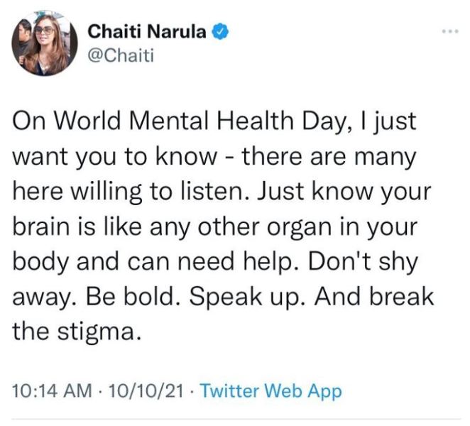 Chaiti Narula spreading awareness about mental health on twitter