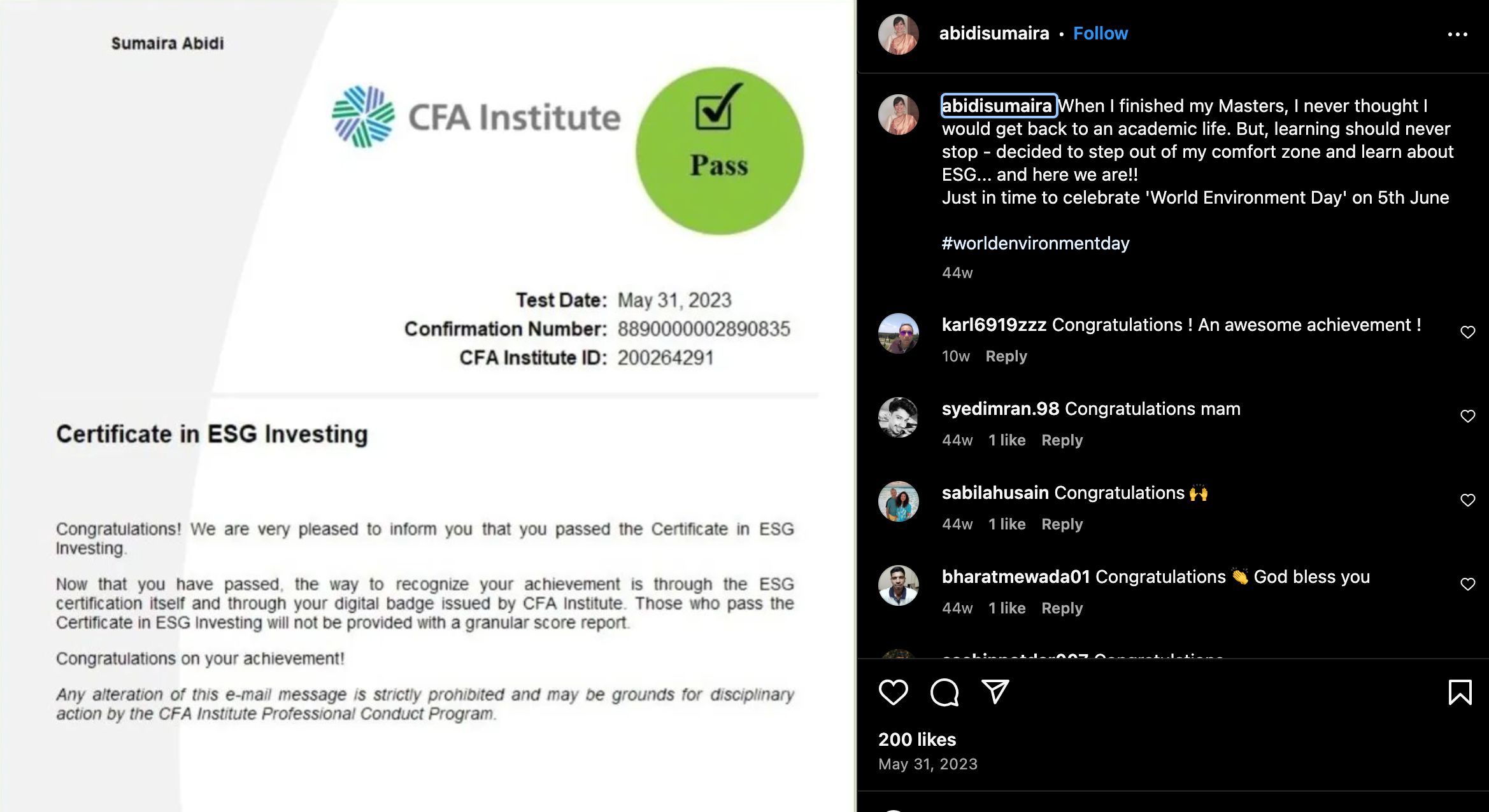 Sumaira Abidi's Instagram post about earning the ESG Investing certificate in 2023