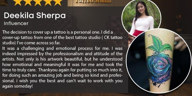 Tattoo on right forearm of Deekila Sherpa