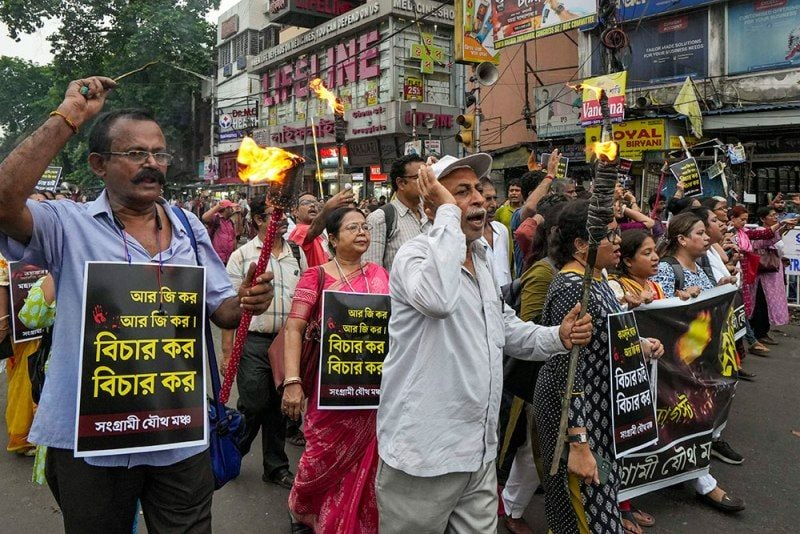 A picture from a protest in Kolkata held on 13 August 2024