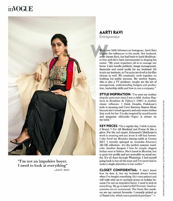 Aarti Ravi featured in the vogue magazine 2019