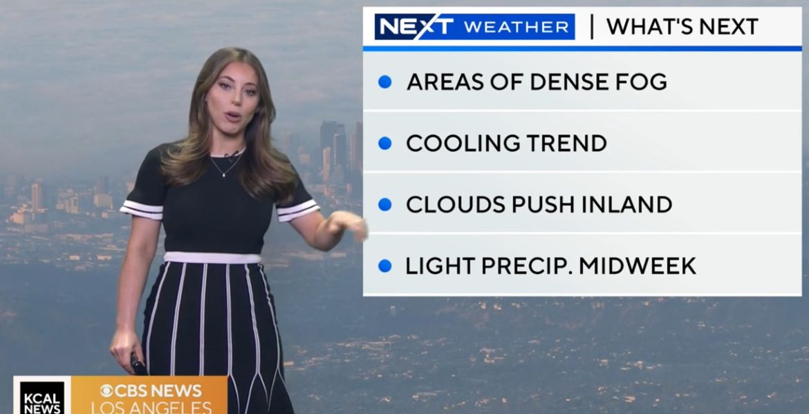 Alex Biston reporting weather news on KCAL News