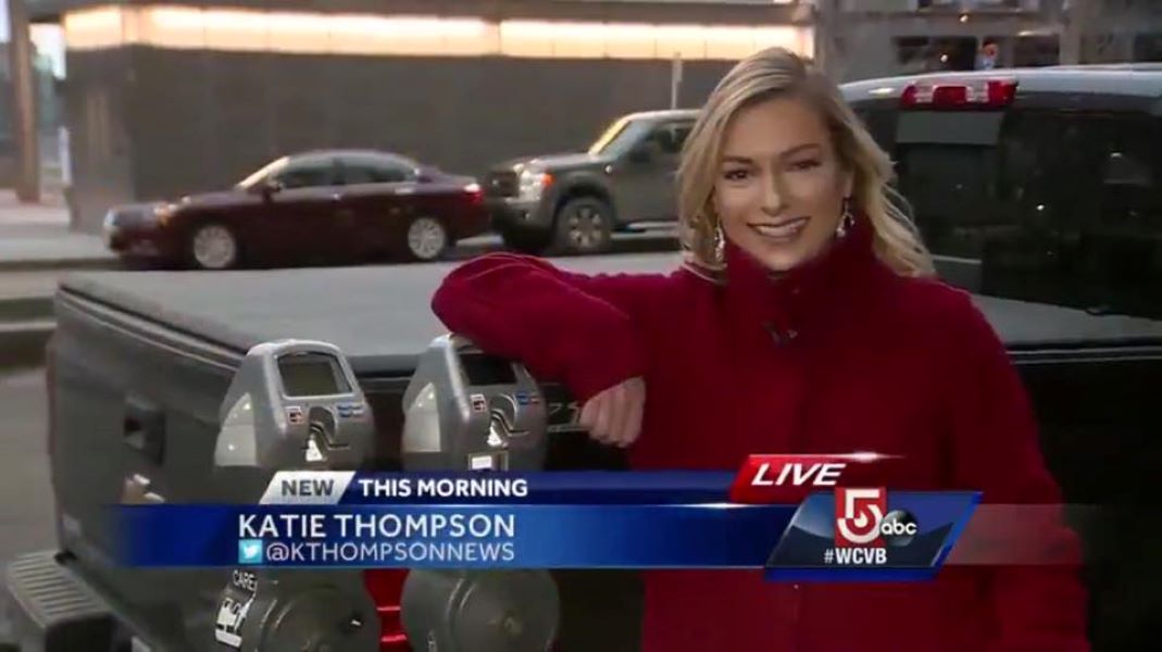 Katie Thompson reporting news on WCVB-TV