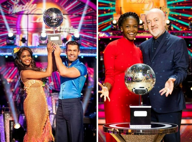 Left: Oti Mabuse and Kelvin Fletcher as the winner of Strictly Come Dancing Season 17 (2019); Right: Oti Mabuse and Bill Bailey as the winner of Strictly Come Dancing Season 18 (2020)