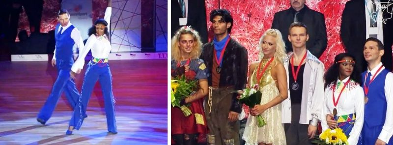 Oti Mabuse and Marius Iepure while performing at the 2014 PD World Showdance Latin (left) and after securing the third place (right)