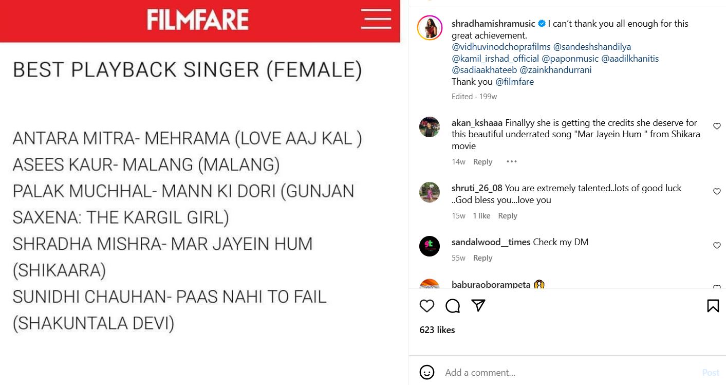 Shradha Mishra's Instagram post about being nominated for the Filmfare Award under the Best Playback Singer (Female) category