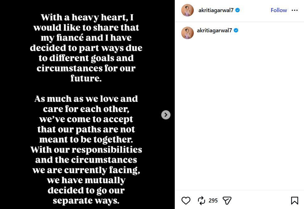 Akriti Agarwal's Instagram post about parting ways with Prithvi Shaw