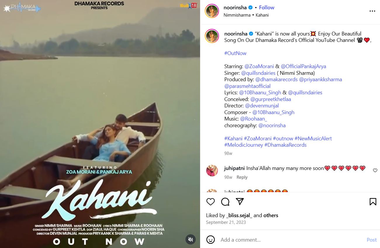 Noorin Sha's Instagram post about working as a choreographer for 'Kahani' (2023)