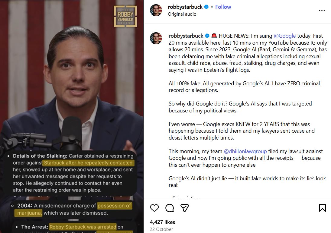An Instagram post shared by Robby Starbuck, where he mentioned that he was suing Google