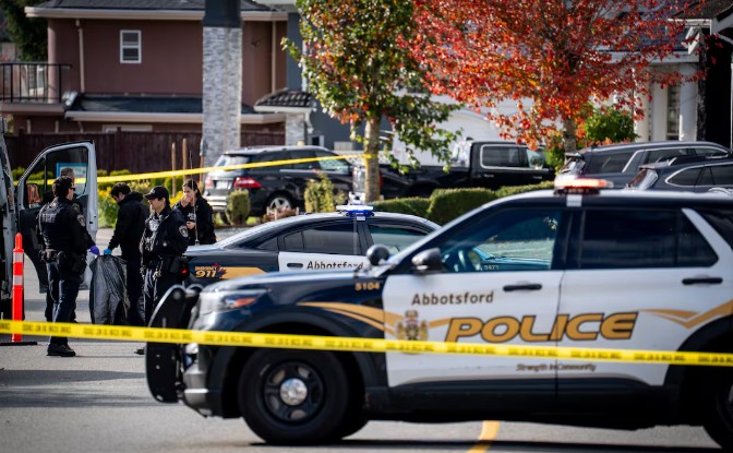 Police investigate the scene near the corner of Ridgeview and Summit drives in Abbotsford, on 27 October 2025, where Sahsi was earlier shot and killed