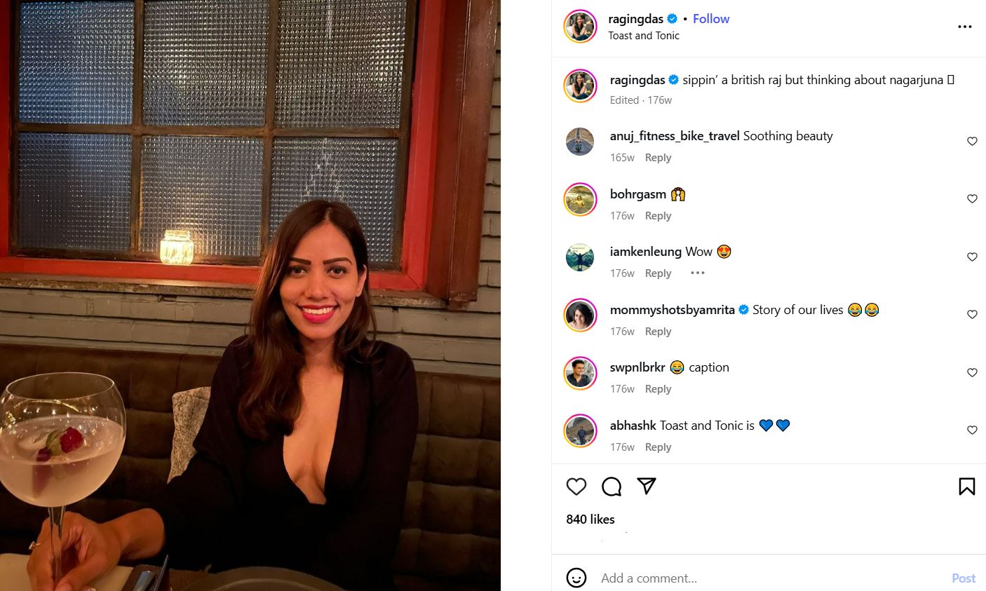 Ragini Das's Instagram post about having an alcoholic drink