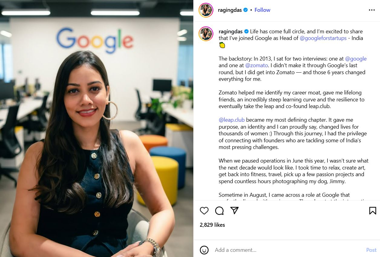 Ragini Das's Instagram post about joining Google as Head of Google for Startups - India