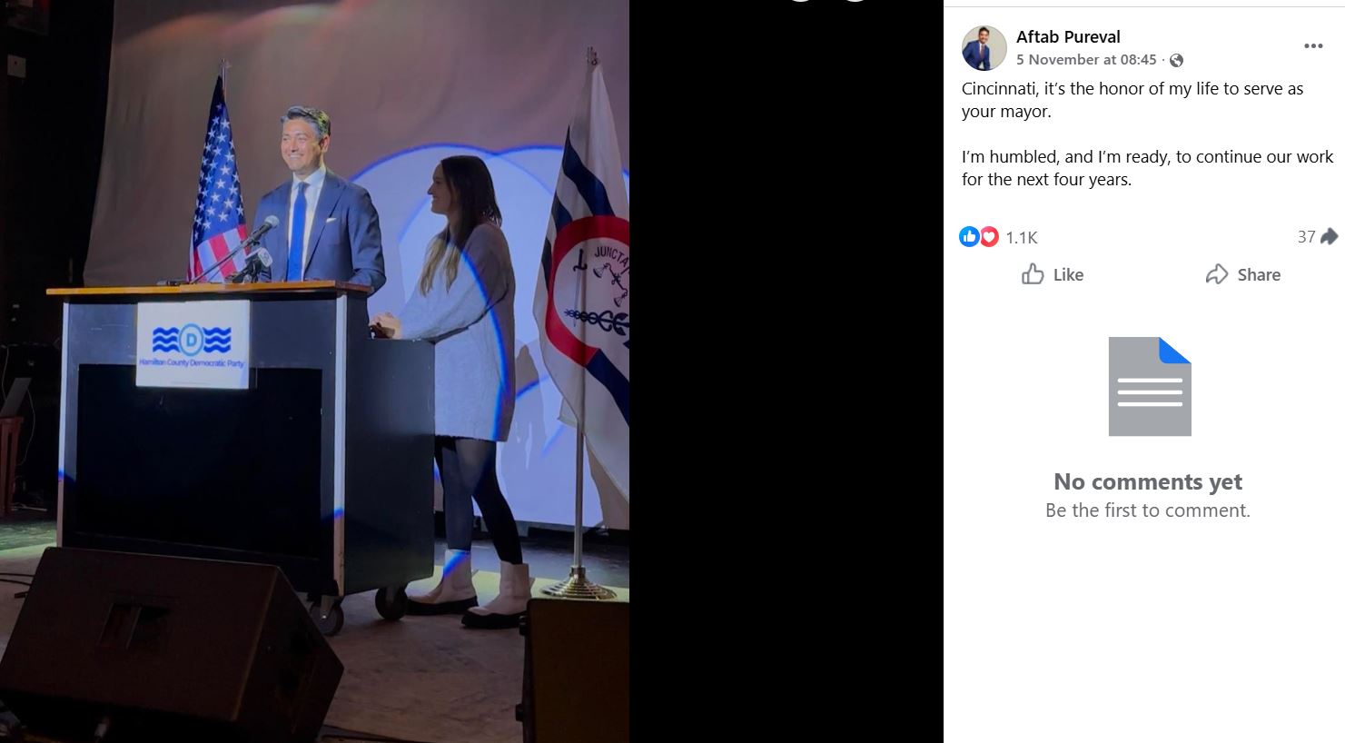 A Facebook post shared by Aftab Pureval after winning the mayoral election for a second term