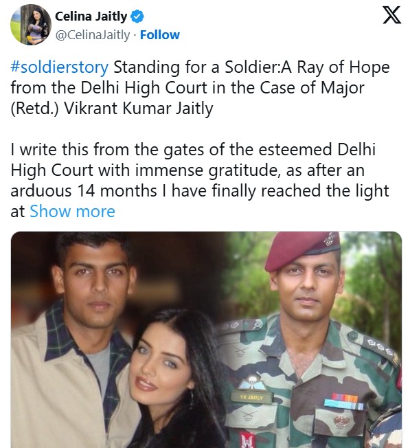 A social media post by Celina Jaitly after the Delhi High Court announced legal help for her brother, Vikrant Kumar Jaitly
