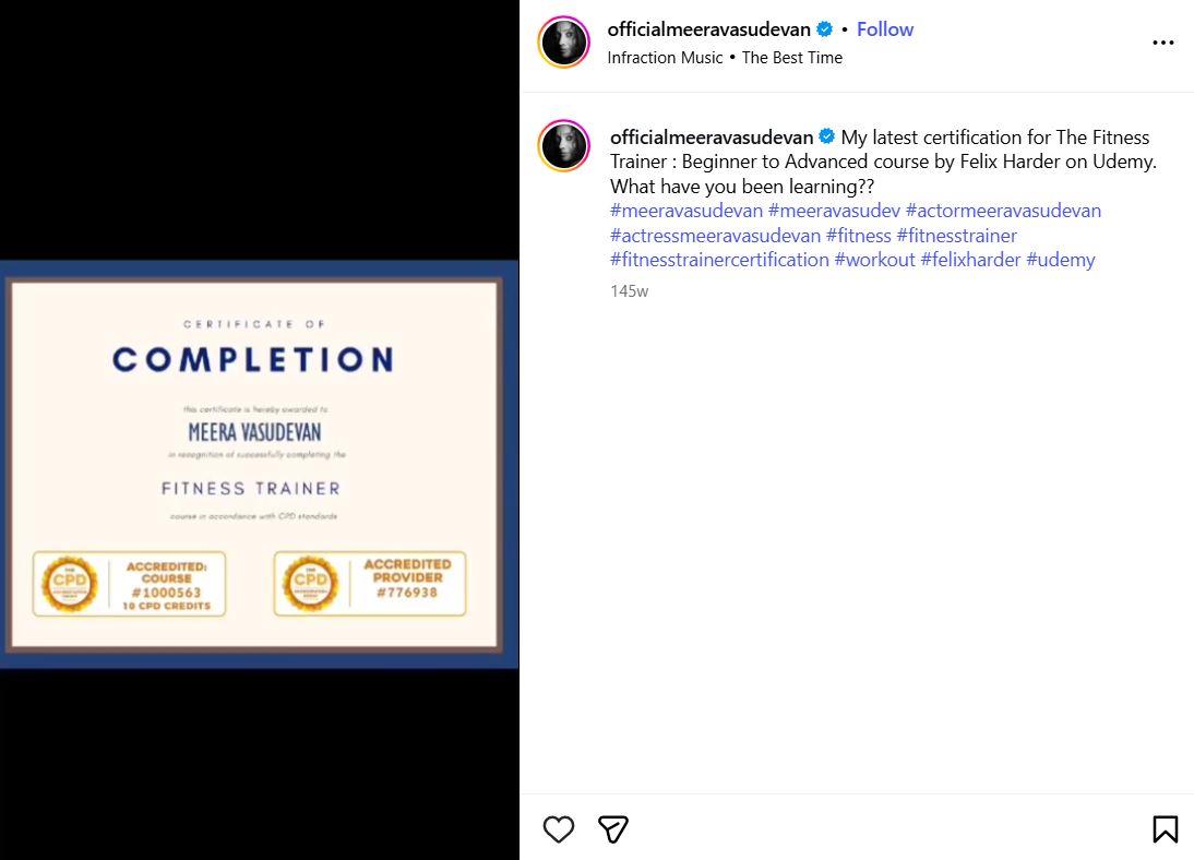 An Instagram post shared by Meera Vasudevan after completing a fitness trainer course