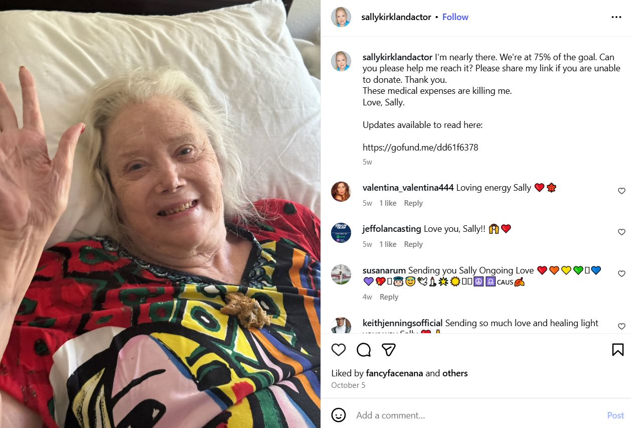 An Instagram post shared by Sally Kirkland's family and friends for her GoFundMe campaign