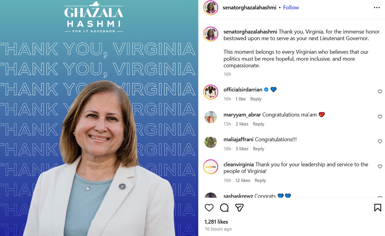 An Instagram post shared by Ghazala Hashmi, after her win