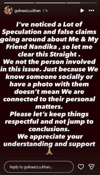 Gulnaaz Khan's Instagram story about her and Nadika Dwivedi