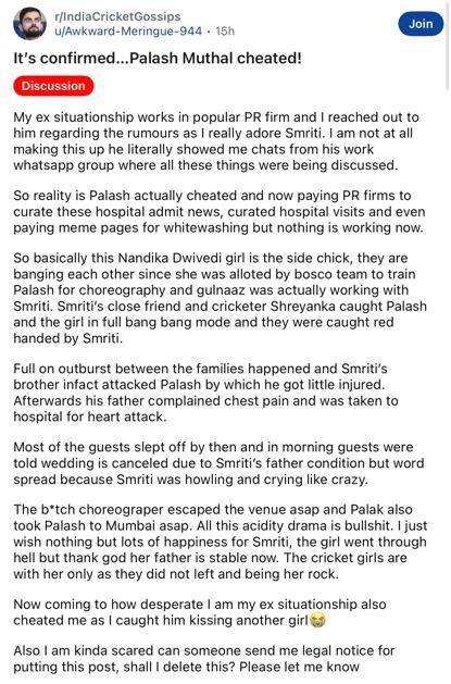 Reddit post alleging Nandika Dwivedi's affair with Palash Muchhal