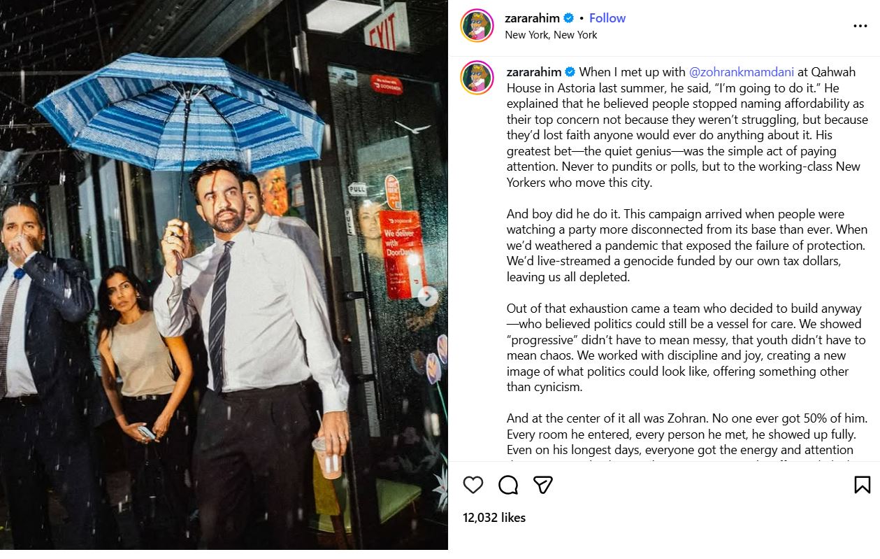 Zara Rahim's Instagram post about her experience of working with Zohran Mamdani