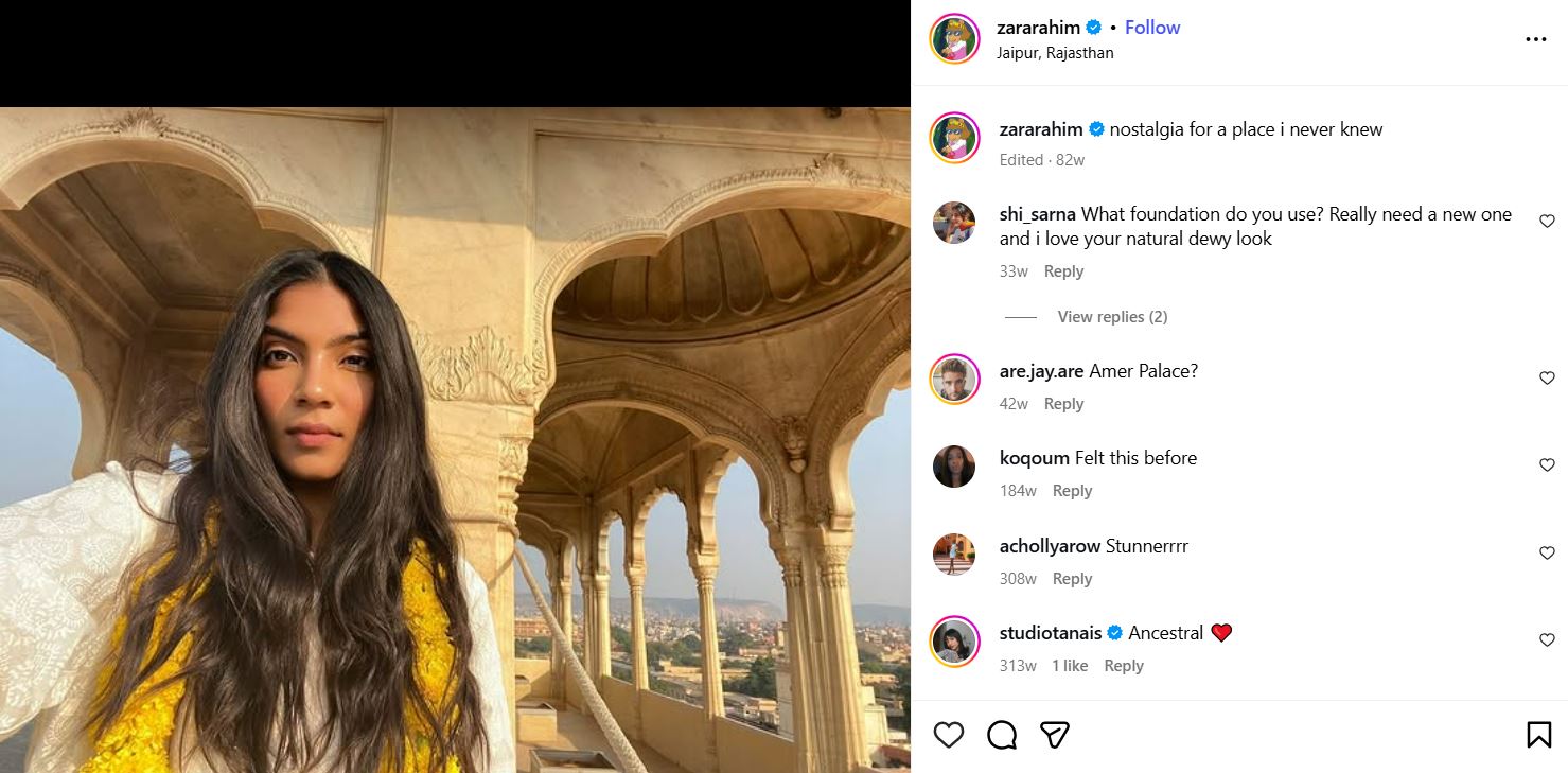 Zara Rahim's Instagram post about her trip to Jaipur, Rajasthan, India