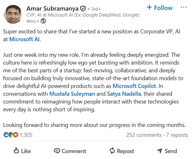 A LinkedIn post shared by Amar Subramanya