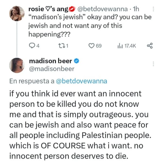 A snip of the social media post by Madison Beer about the Israeli-Palestinian conflict