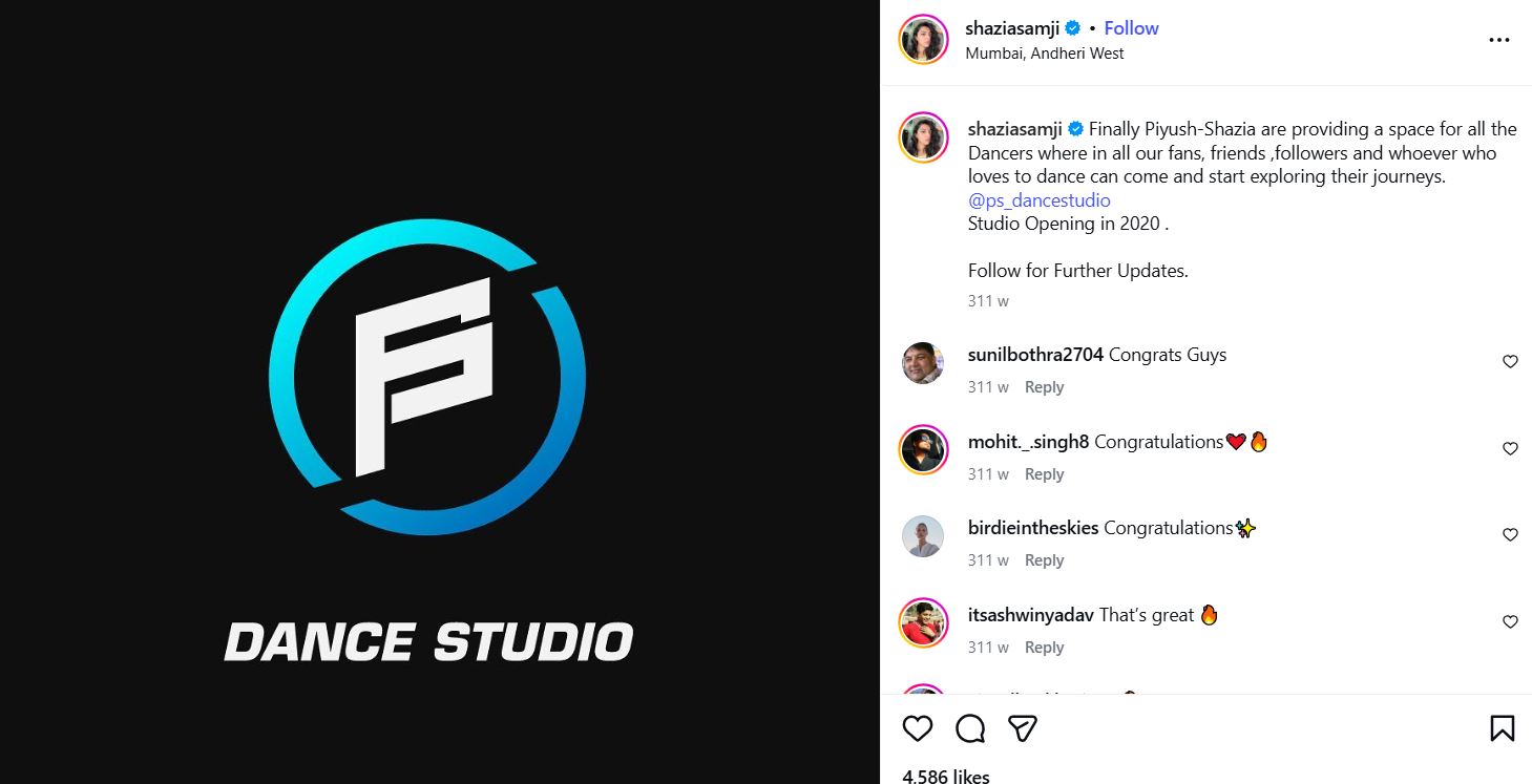 An Instagram post shared by Shazia Samji about the opening of their dance studio