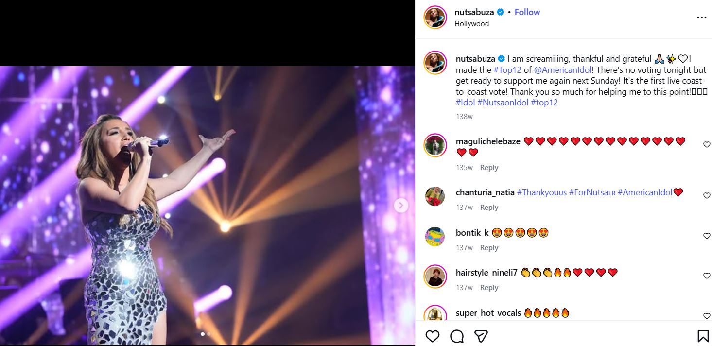 Nutsa Buzaladze's Instagram post about making it to the Top 12 on American Idol 21