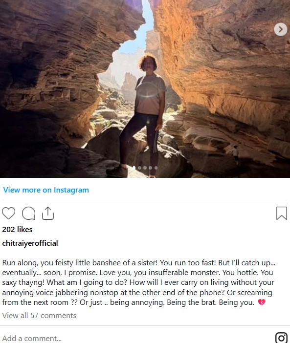 A snip of Chitra Iyer's tribute to her sister Sharada Iyer on social media