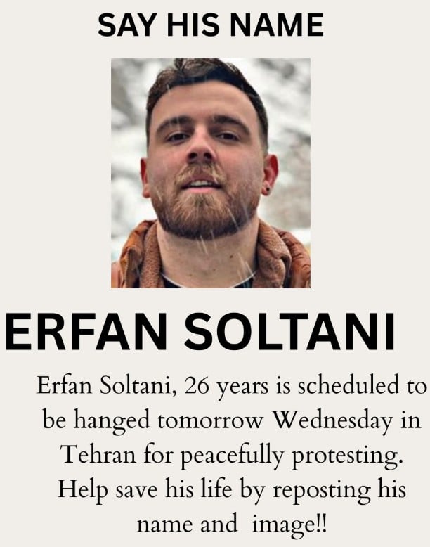 Erfan Soltani on the poster of his execution